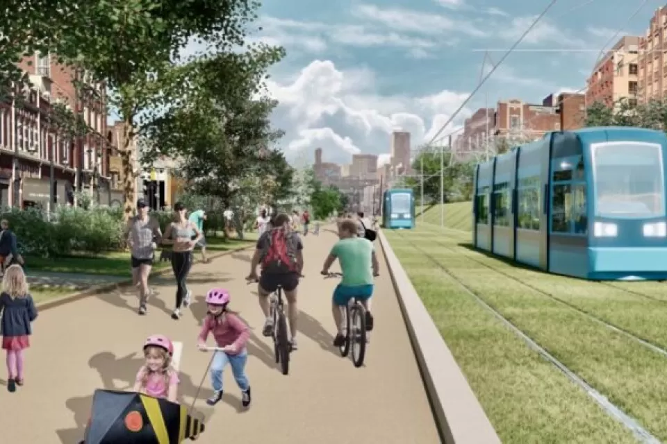 A rendering of the Beltline Streetcar running on a grassy field (with rail tracks) next to a walking and biking path.